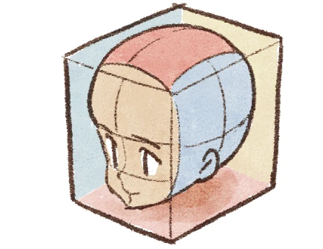 顔など球体に近い曲面で構成された形状を描く際は、一回り大きな立方体と、その中にあるバレーボールのような形状をイメージすると空間がつかみやすくなる。 