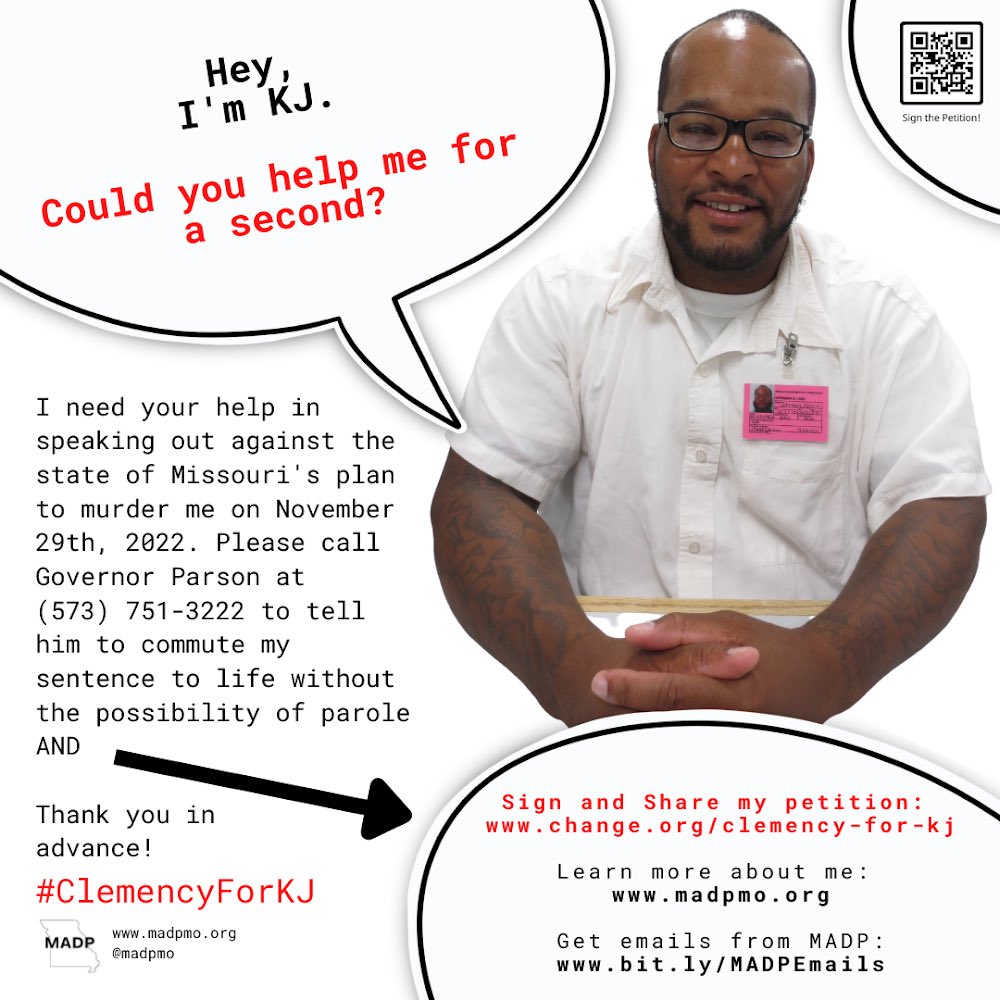 TNCCADP's tweet photo. 🚨 We need your help! 📢  #KevinJohnson is scheduled to be executed by the state of Missouri on Nov. 28th, 2022. Call Gov Parson at (573) 751-3222 to ask that he grant #ClemencyForKJ &amp; #StopExecutions! #NoMOExecutions #ClemencyForKJ #StLouis6

https://t.co/ZXl8alfGUT https://t.co/duP16s0c6z