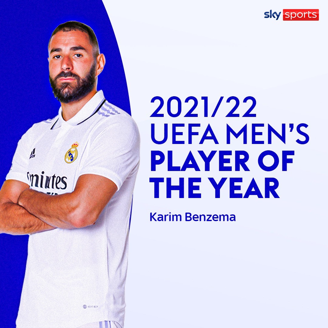 SkySportsNews's tweet photo. BREAKING: Karim Benzema wins the 2021/22 UEFA Men's Player of the Year! 🏆 https://t.co/MzQRtH3ALO