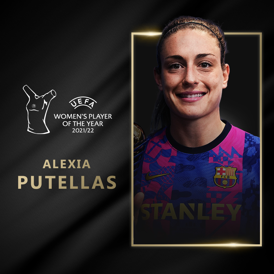 UEFA's tweet photo. 🥇 The 2021/22 UEFA Women's Player of the Year is… ALEXIA PUTELLAS!

⚽ The #UWCL top scorer is a back-to-back winner! She became Spain's first 100-cap woman before injury ruined her #WEURO2022 dream.

❤️ Well done, Alexia - we hope you're back on the pitch soon!

#UEFAawards https://t.co/OFVub7gWD6