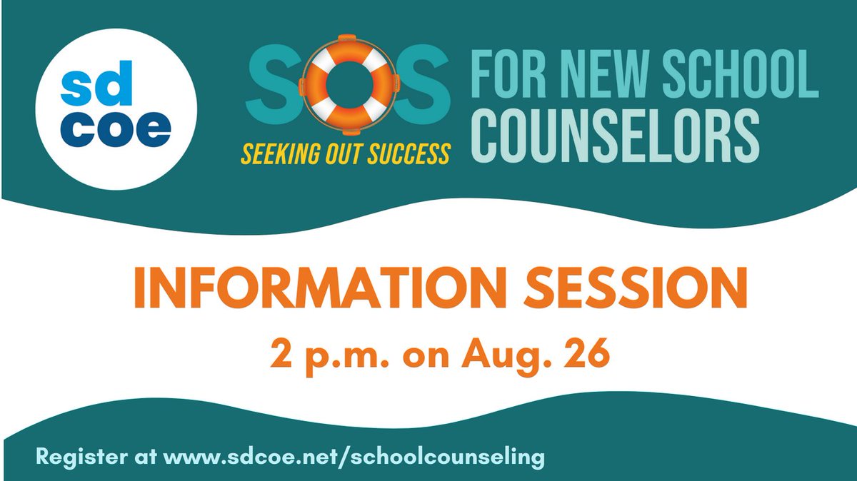 Registration is open for our 2022-23 Seeking Out Success (SOS) for New School Counselors program (school counselors with 2 yrs experience or less). Attend our free information session on Aug. 26, at 2 p.m. to learn more. Register at sdcoe.net/schoolcounseli…