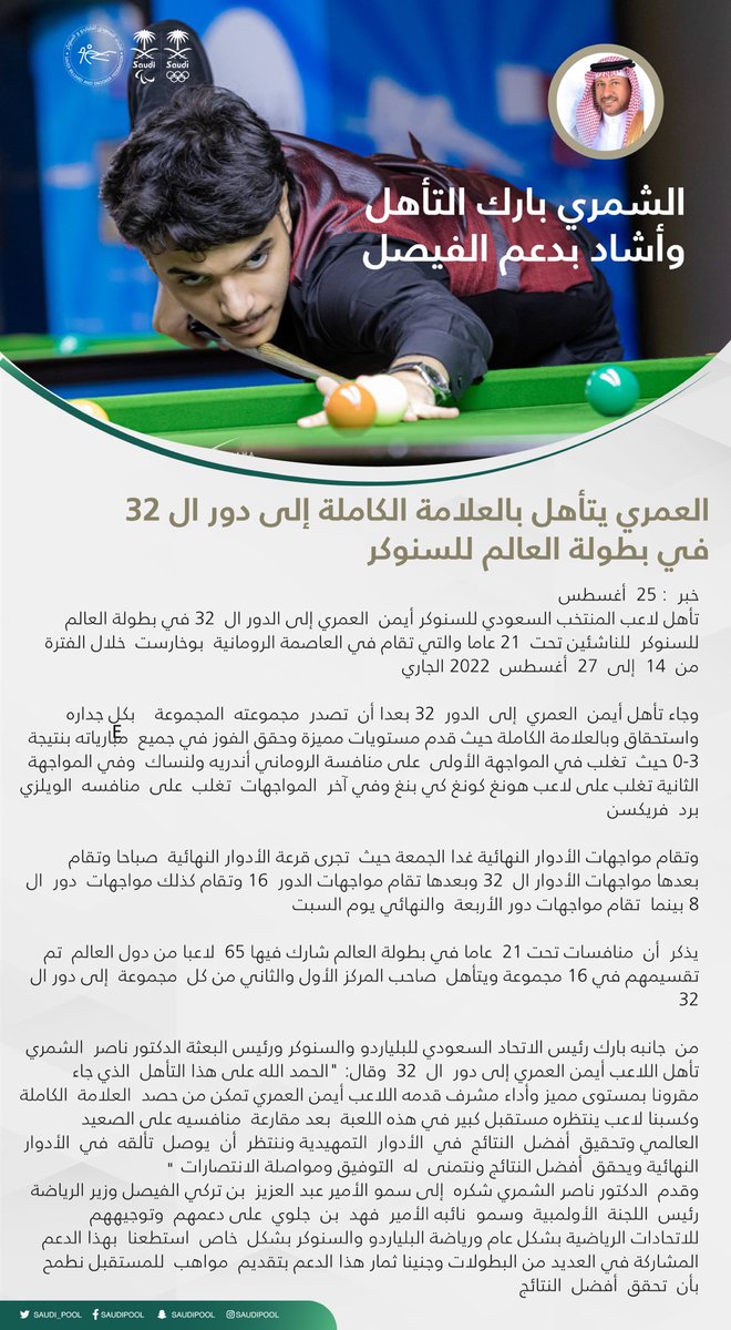 أيمن العمري 🇸🇦
يتأهل بالعلامة الكاملة 👍
إلى  دور  ال  32 في  
بطولة العالم للسنوكر 🔴