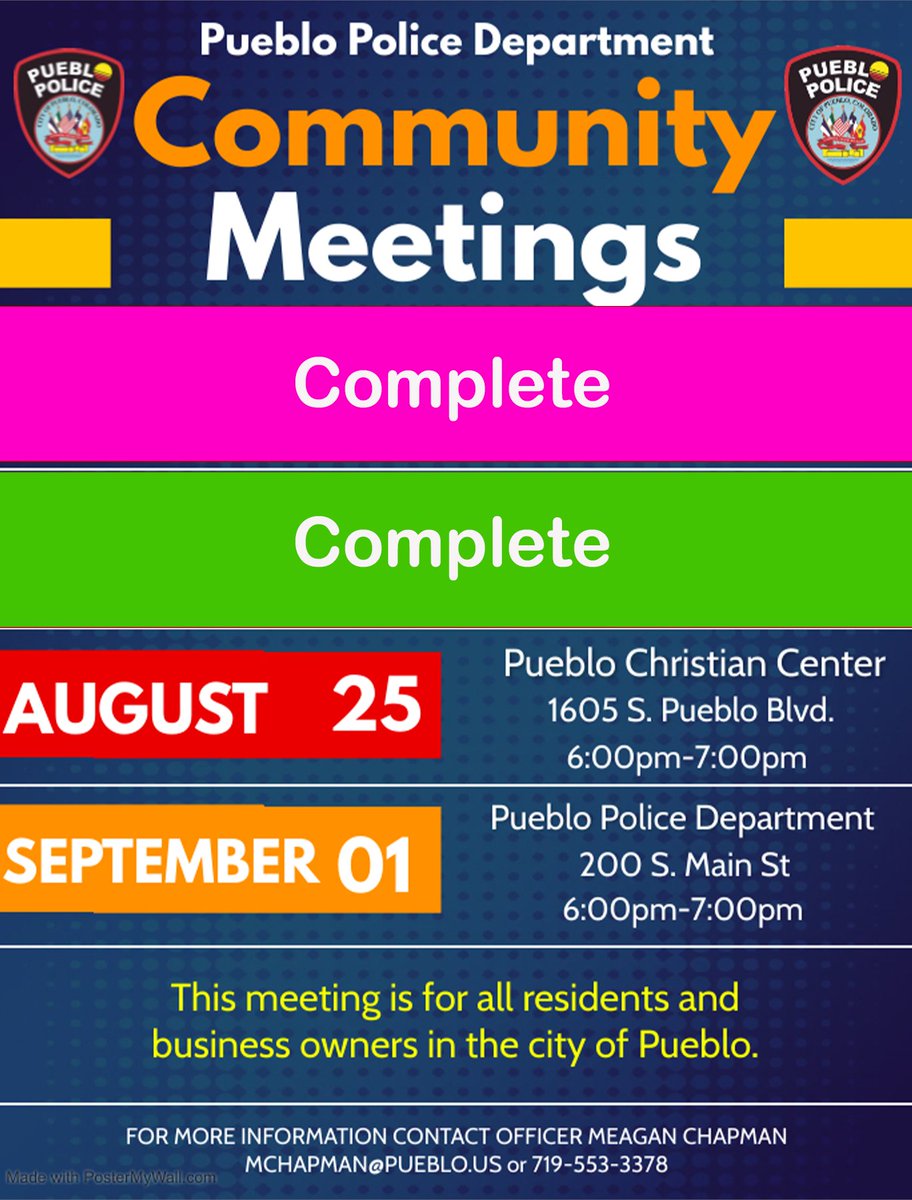 PuebloPolice1's tweet photo. PUEBLO COMMUNITY MEETING TONIGHT

Pueblo Police are hosting a community meeting on August 25th, 2022 from 6pm to 7pm @ Pueblo Christian Center. 

After Chief Noeller's presentation, he will be answering questing from those in person and comments received during the Facebook Live. https://t.co/Y9PG6bPcQW