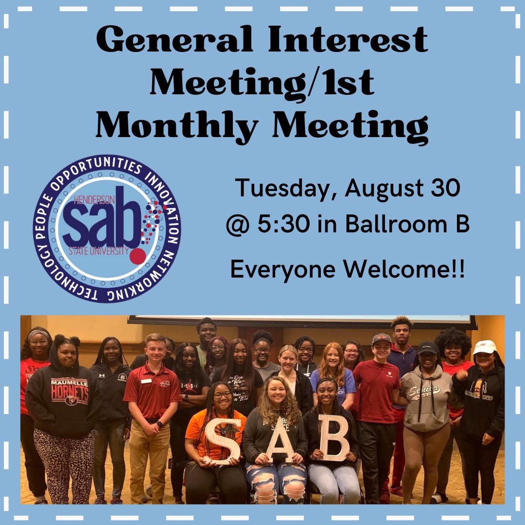 HSU_SAB's tweet photo. Interested in joining the Student Activities Board? Join us in Ballroom B on Tuesday, August 30th at 5:30 for our first monthly meeting! https://t.co/tjajdiddgq