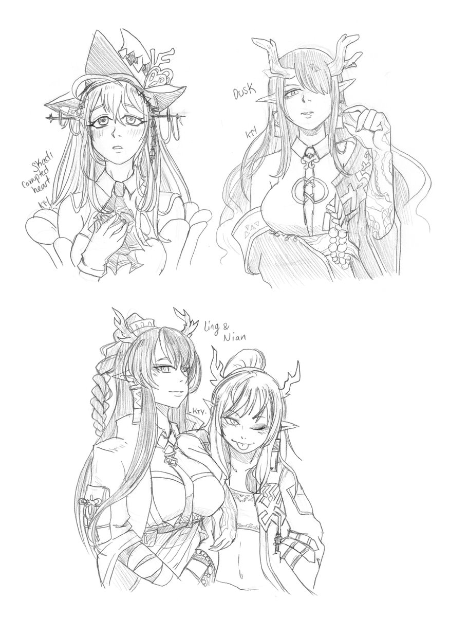 KTY_draws's tweet photo. Hi guys! Here's another batch of sketches (65/100). WE have Skadi the corrupted heart, Dusk, Ling, Nian and Dusk in her nian skin outfit.
.
.
.
#Arknights #OPERATORS #Skadi #Dusk #ling #nian #outfit #sketch #daily #100operatorschallenge #kty #dailysketch https://t.co/1tIeO20W81