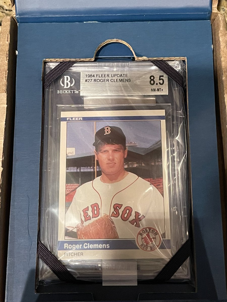atc2448's tweet photo. It’s here!! Another grail card as a kid that I’ve finally been able to get as an adult. Even had the @Ebay #AuthenticityGuarantee. Purchased August 16th, received on the 25th. Not bad. 1984 #FleerUpdate #RogerClemens #BeckettGraded https://t.co/BMFtDJfM63