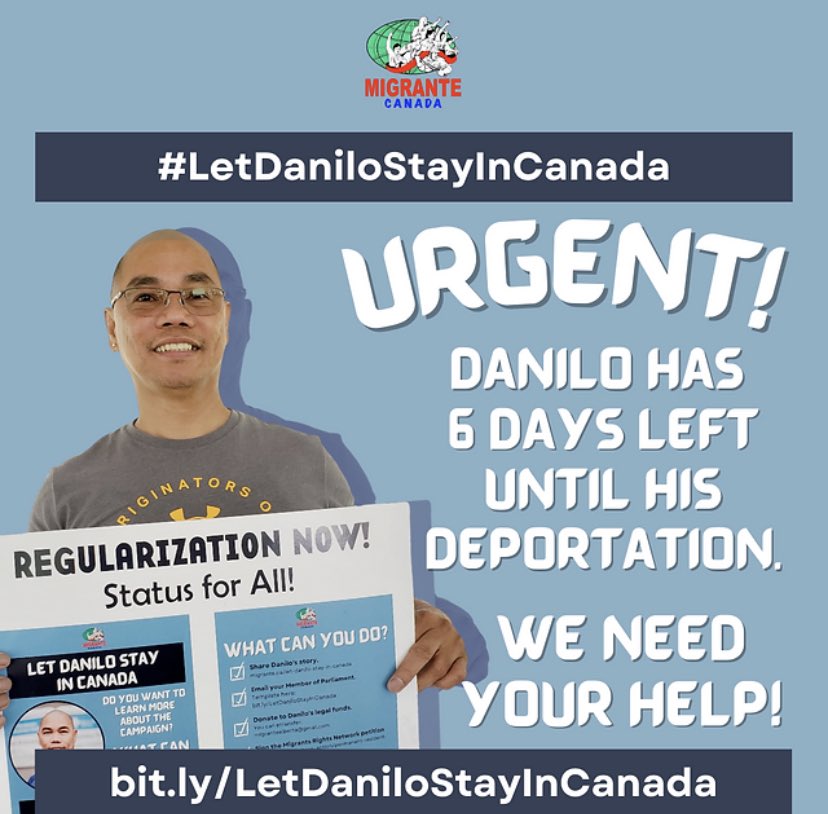 colerockarts's tweet photo. @JustinTrudeau @SeanFraserMP @HMcPhersonMP Danilo De Leon's has 6 days until
deportation. He's a leader & essential worker who contributes to Canada's economy. Stop his deportation while the gov't is developing a Regularization Program.
#LetDaniloStayinCanada #RegularizeNow https://t.co/pjzR2xFM48