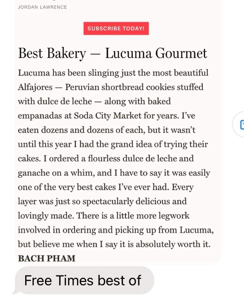 I am so very, very proud of my wife Kay, owner of Lucuma Gourmet  for this honor! Offering the best of the best in artisan bakery delights right smack dab in the center of Columbia! Let her cater your next event!