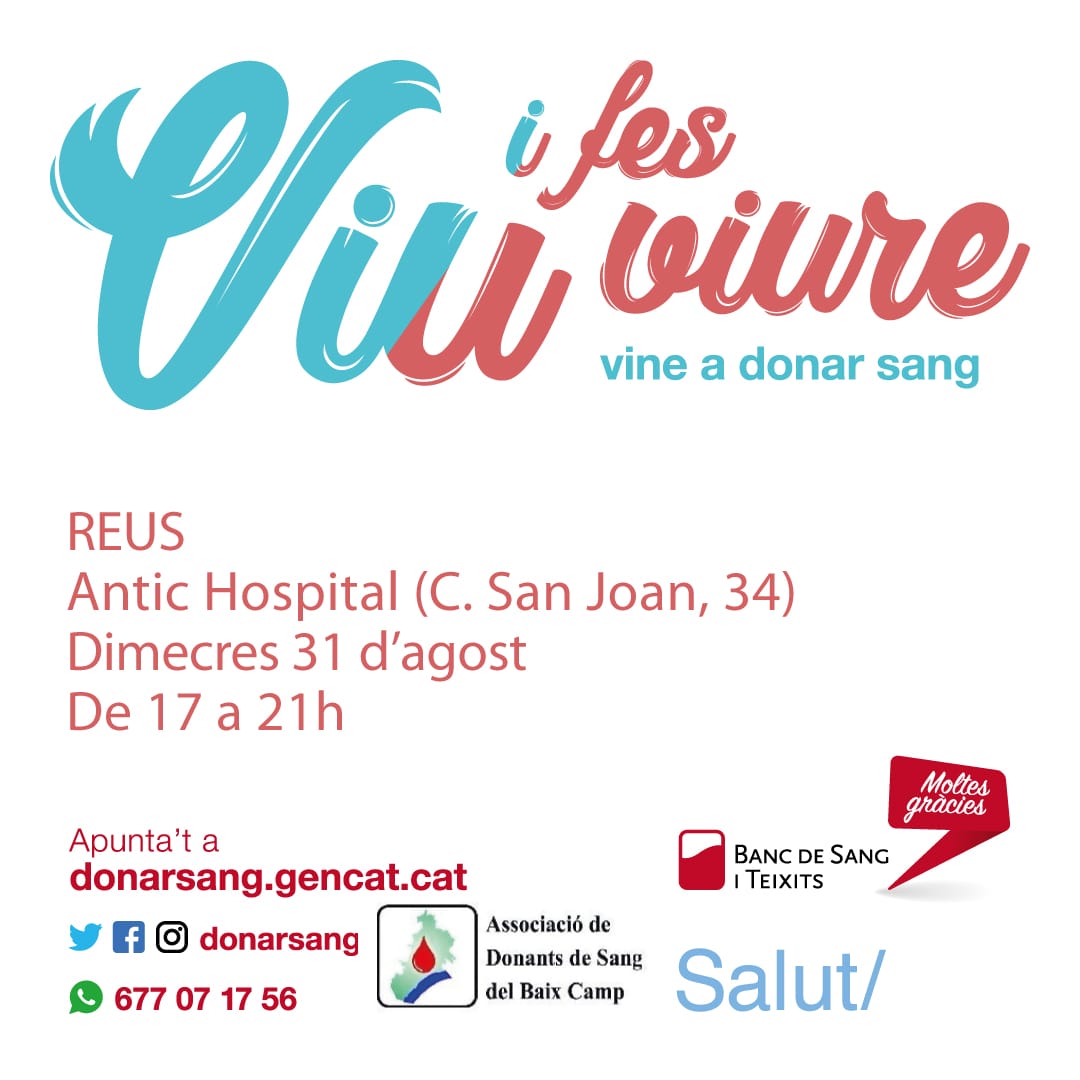 reus_cat's tweet photo. 🩸 El dimecres, 31 d’agost, es realitzarà una marató de donació de sang a l’Antic Hospital. #ViuiFesViure, vine a @donarsang!  
 ⏰De 17 a 21 h. T’hi esperem! 
🤳Reserva la teva cita a https://t.co/L5ydnXco3s
#Reus @HospitalReus https://t.co/PwOfBnOO7e