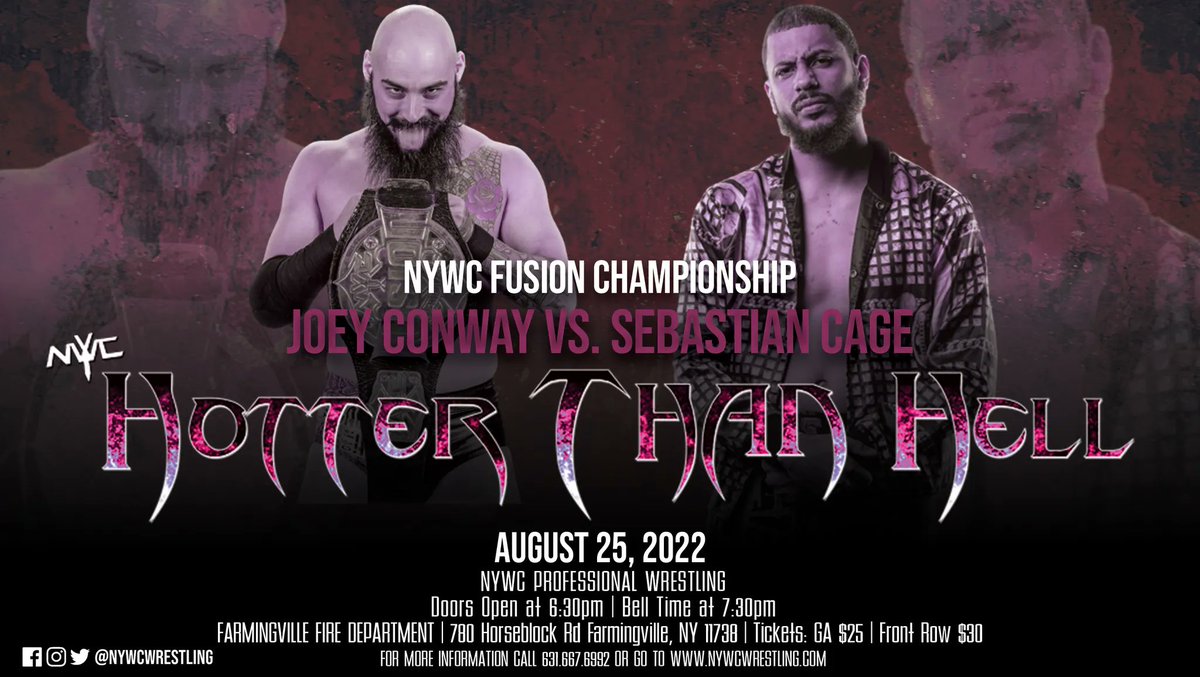 NYWCWRESTLING's tweet photo. Tonight in Farmingville!

Steel Cage Main Event!

@nobodysbetta defends The NYWC Championship against @PartyAndWrestle!

@JoeyConway_ defends The NYWC Fusion Championship against @SebastianCage.

@AEW's @willowwrestles faces @dollidarko!

And more!

Tickets available at the door! https://t.co/5t8rkp7GFn