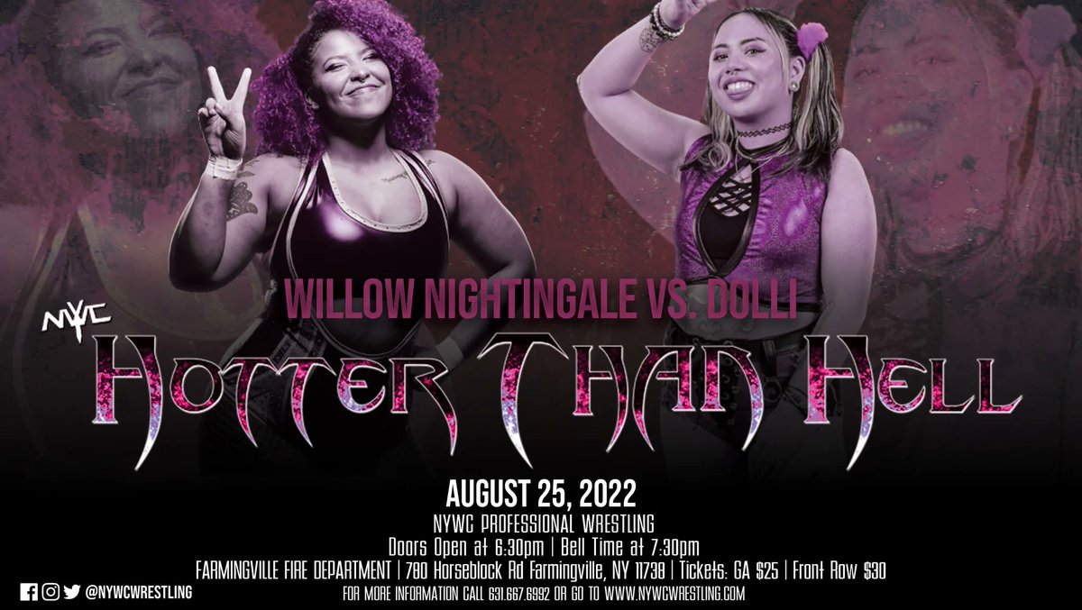 NYWCWRESTLING's tweet photo. Tonight in Farmingville!

Steel Cage Main Event!

@nobodysbetta defends The NYWC Championship against @PartyAndWrestle!

@JoeyConway_ defends The NYWC Fusion Championship against @SebastianCage.

@AEW's @willowwrestles faces @dollidarko!

And more!

Tickets available at the door! https://t.co/5t8rkp7GFn