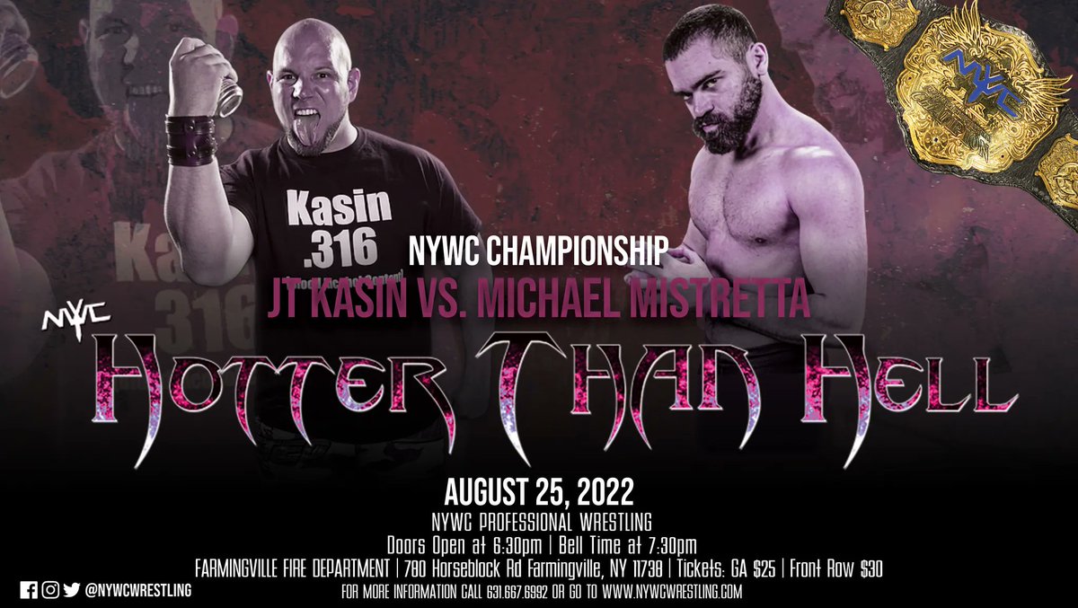 NYWCWRESTLING's tweet photo. Tonight in Farmingville!

Steel Cage Main Event!

@nobodysbetta defends The NYWC Championship against @PartyAndWrestle!

@JoeyConway_ defends The NYWC Fusion Championship against @SebastianCage.

@AEW's @willowwrestles faces @dollidarko!

And more!

Tickets available at the door! https://t.co/5t8rkp7GFn