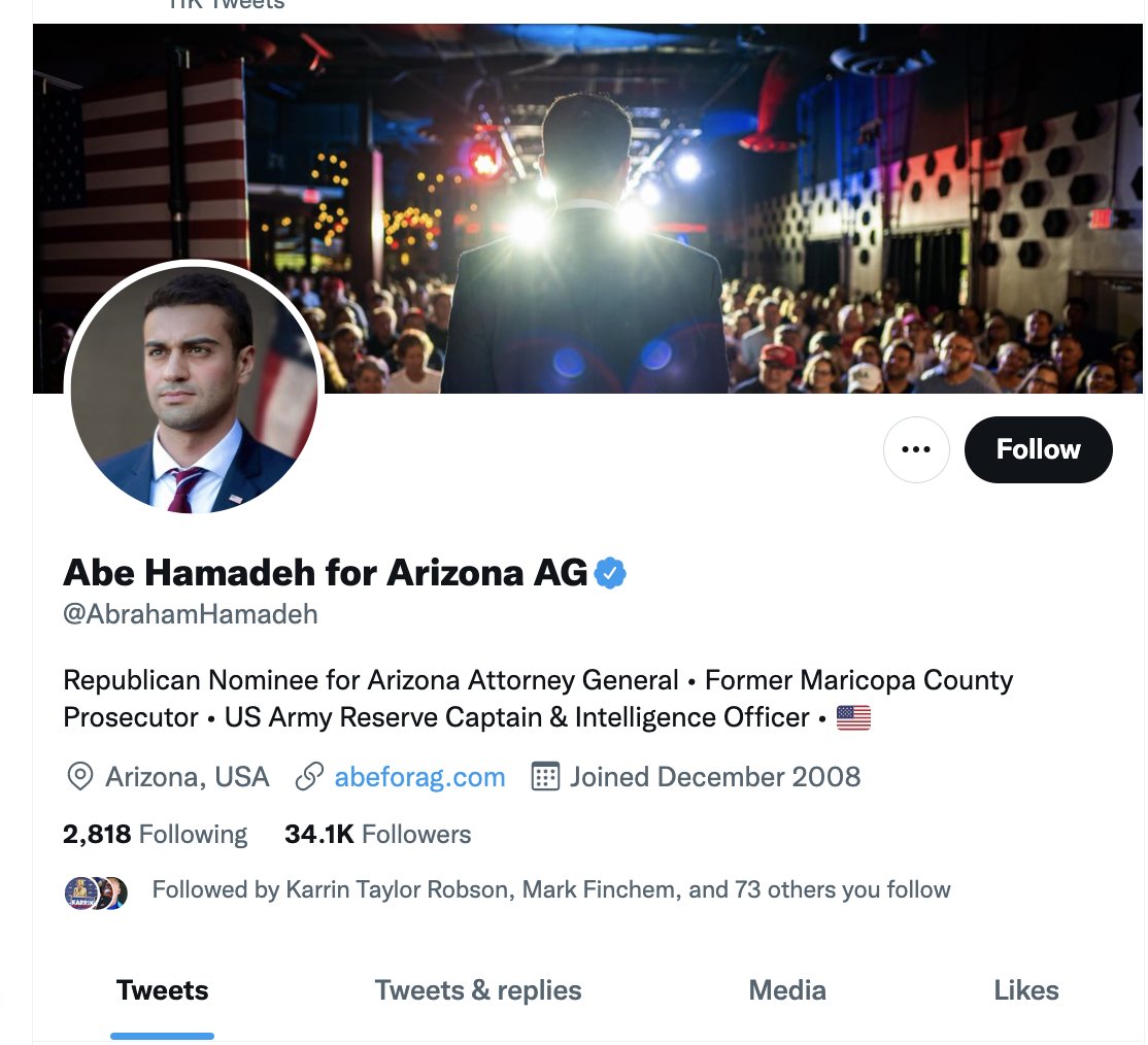KFILE's tweet image. The Republican nominee for Arizona Attorney General, 31-year-old @AbrahamHamadeh, removed Trump's endorsement from his Twitter bio and background. The endorsement is also no longer on the homepage of his website either.