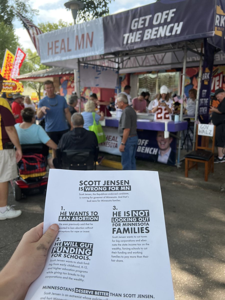 ABetterMN's tweet photo. We’re at the MN State Fair talking to Minnesotans about @drscottjensen and his extreme plan to gut funding for public schools and ban abortion. Come find us to learn more about what’s at stake! https://t.co/Z9L5jmeIXa