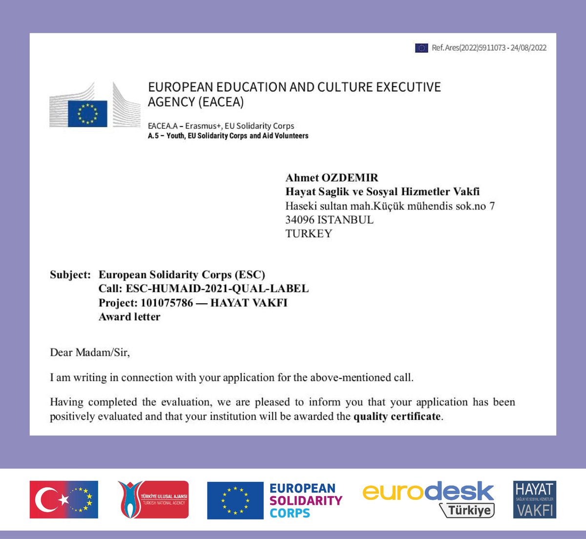 Sizlerle büyük bir mutluluğumuzu paylaşmak isteriz, 35 yıldır sosyal hizmet, gençlik ve sağlık alanında faaliyetler sürdüren Hayat Sağlık ve Sosyal Hizmetler Vakfı insani yardım gönüllülüğü için kalite etiketi almaya hak kazanmıştır. Hayırlara vesile olmasını dileriz...