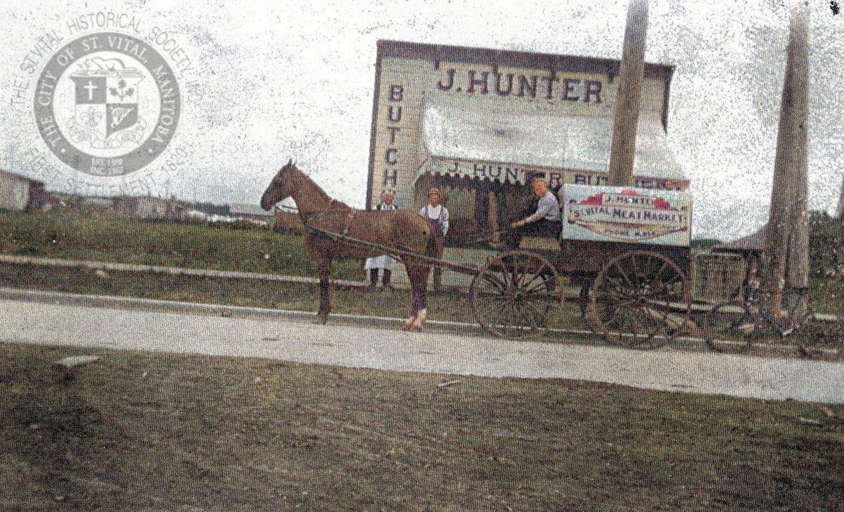 #throwbackthursday J. Hunter's Butcher Shop once operated out of 475 St. Mary's Road in St. Vital in the decades around the turn of the 20th century. This photo of J. Hunter's shop was taken sometime before 1915. 
#stvitalmuseum #stvital #museum #archives #winnipeg #manitoba