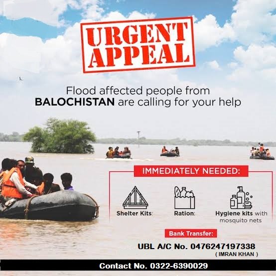 AzfereenBaloch's tweet photo. As u all are aware of recent calamity of Flood in Balochistan.People have lost their lives, property &amp; hope for living. victims r left at the mercy of weather.
Your donations can make little contribution of Hope in assisting financially for purchasing Tents,medicine &amp; ration etc, https://t.co/KISdLW3B9x