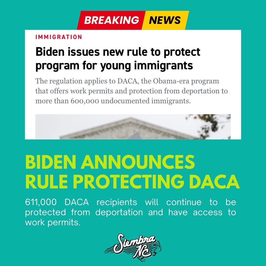 SiembraNC's tweet photo. The Biden administration has announced a rule protecting DACA. HOWEVER Biden MUST expand access and we’re gonna get our gente out to make sure he feels the heat 🔥

#expandDACA #conysinpapeles #latinxvote #ncpol #sinmiedoalexito https://t.co/HgmU0hqiXK