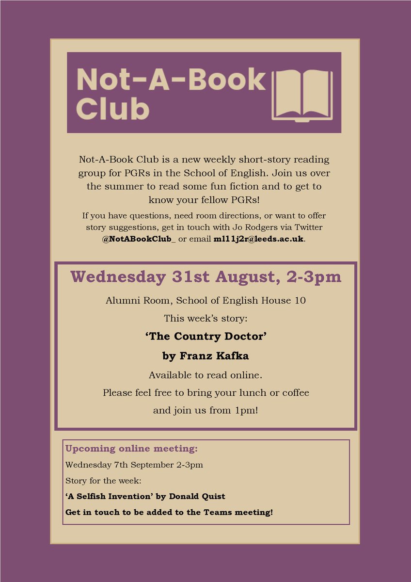 NotABookClub_'s tweet photo. Thanks for a great chat about Leone Ross yesterday! From contemporary to classic, next week's short story is Franz Kafka's 'The Country Doctor'. See you in the Alumni room. https://t.co/5pgVPTGKHZ https://t.co/33xUBAvfx4