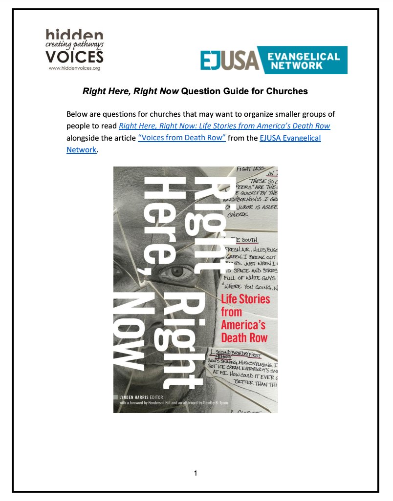 THANK YOU to the evangelical network at <a href="/EJUSA/">Equal Justice USA</a> for creating a thought-provoking discussion guide for churches to engage w/Right Here, Right Now: Life Stories from America's Death Row. Love seeing these stories used to move our communities towards greater compassion &amp; action!