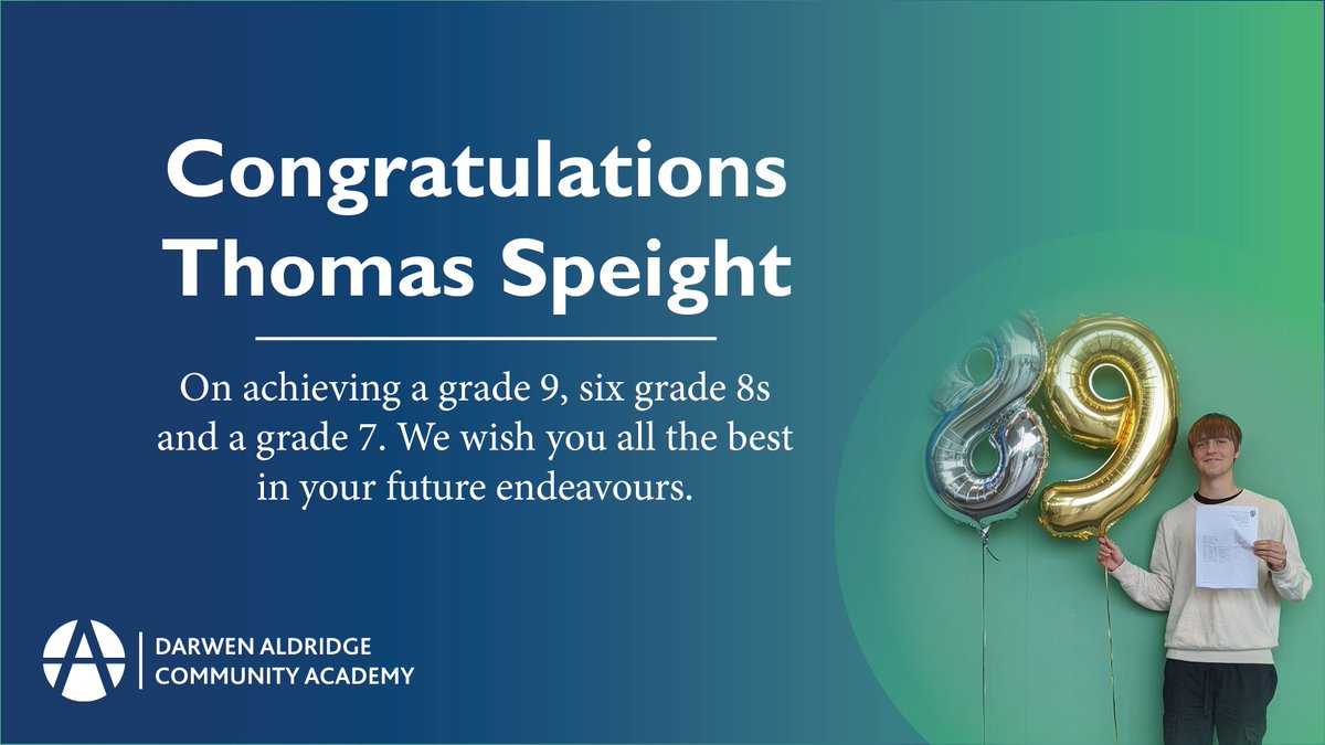 DarwenAcademy's tweet photo. Congratulations Thomas Speight on achieving a grade 9, six grade 8s and a grade 7. We wish you all the best in your future endeavours. 🎉
@aldridgeonline
#gcses2022 #gcseresultsday2022 #GCSEResultsDay https://t.co/zDLIzp7Mka