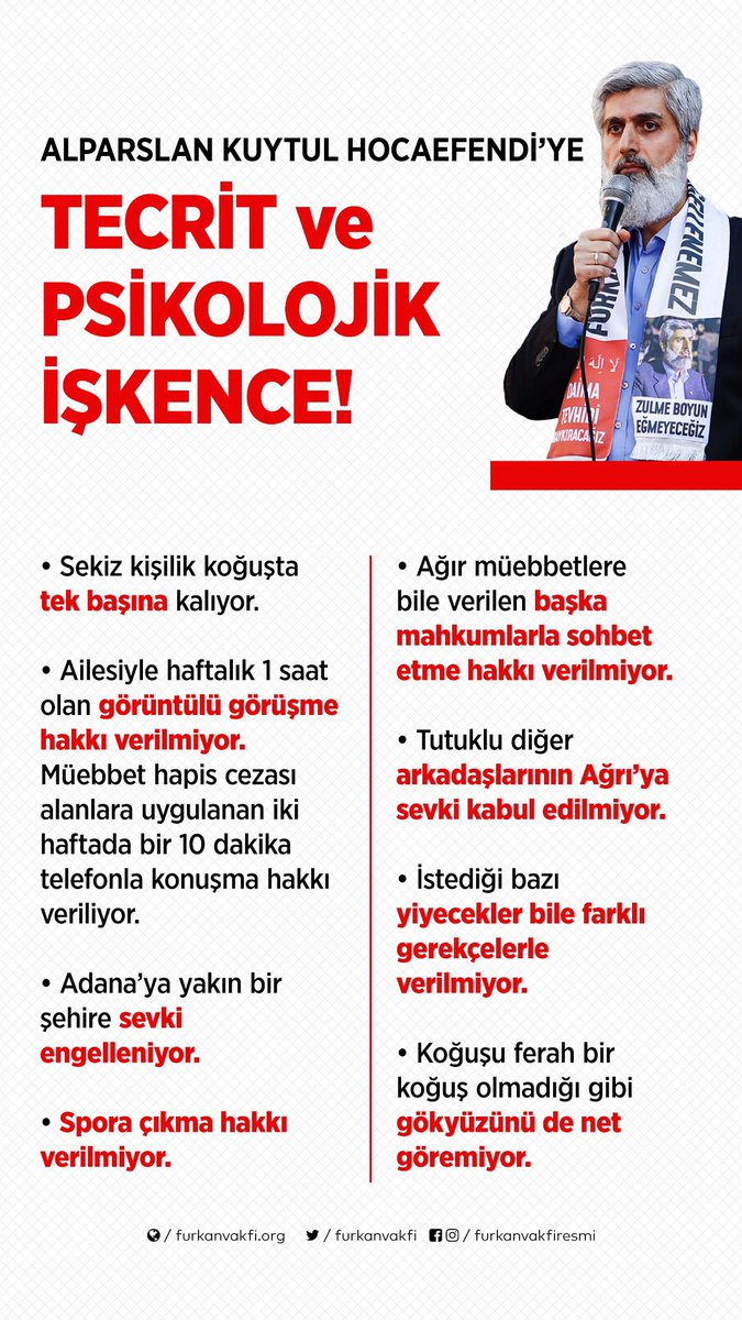 TECRİT İNSANLIK SUÇUDUR!  Alparslan KUYTUL Hocaefendi’ye cezaevinde yapılan tecrit ve psikolojik işkenceyi kınıyoruz!  Cezaevi SesKaydı #AlparslanHocayaÖzgürlük
