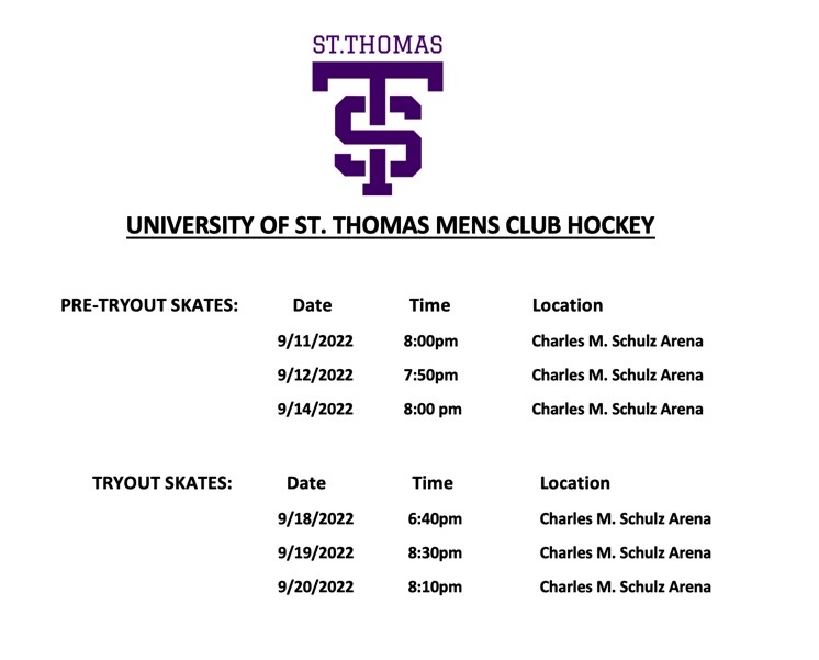 USTClubHockey's tweet photo. 🟣BREAKING NEWS⚪️
The Pre-Tryout and Tryout dates and times are set!

Make sure to fill out our recruiting form below if you are interested in trying out ⬇️

St. Thomas Men's Club Hockey Recruiting Form: 
https://t.co/TZMASXhR14 https://t.co/Wvdach2EPG