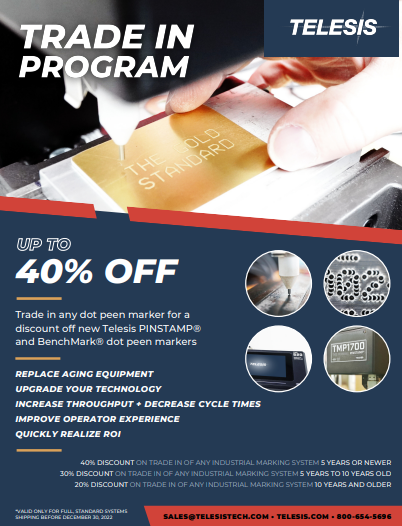 Got an old dot peen marker? Trade it in for up to 40% off a new, Telesis Technologies, Inc. <a href="/TELESISTECH/">Telesis UK</a>   dot peen machine. Call us at 203 881 3013 or mail@production-components.com for more info.
#marking #dotpeen