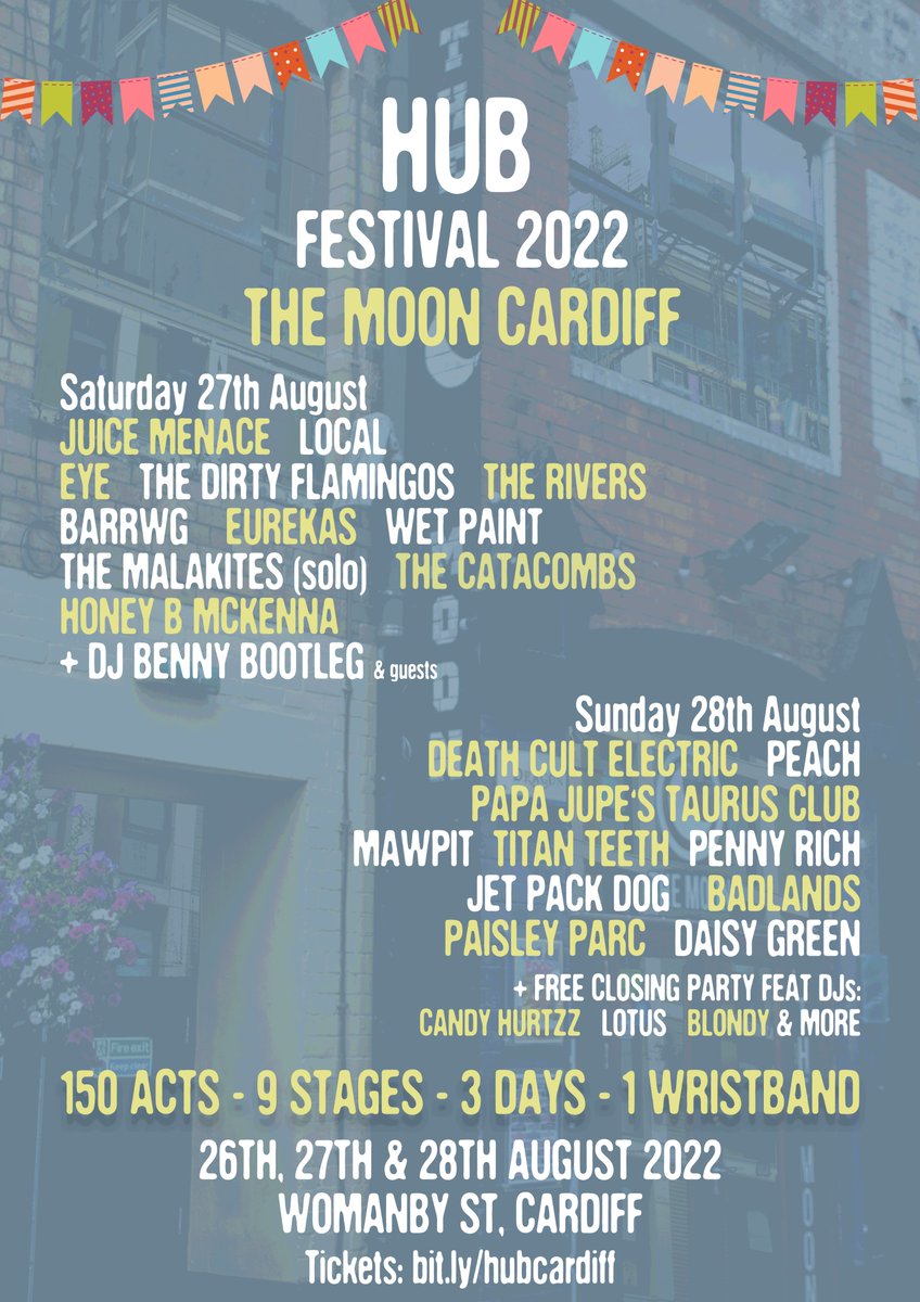 HUB Festival Cardiff (@hubfestcardiff) on Twitter photo What else is happening at <a href="/TheMoonCardiff/">The Moon Cardiff 🎟️SUPPORT YR LOCAL MUSIC VENUE</a> this weekend? All of this!
Everything from indie rock to the best new rap, plus an array of great DJs with a free closing party on Sunday.
Tickets - bit.ly/hubcardiff What else is happening at <a href="/TheMoonCardiff/">The Moon Cardiff 🎟️SUPPORT YR LOCAL MUSIC VENUE</a> this weekend? All of this!
Everything from indie rock to the best new rap, plus an array of great DJs with a free closing party on Sunday.
Tickets - bit.ly/hubcardiff