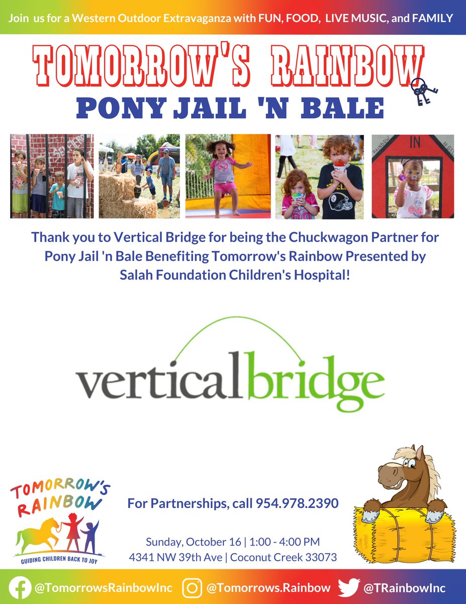 TRainbowInc's tweet photo. Today's first #PartnerPromotion for #PonyJail2022 is Vertical Bridge! Thank you for your continued support of the Tomorrow's Rainbow families.
#TomorrowsRainbow #Nonprofit #BackToJoy https://t.co/rW15aaQICZ