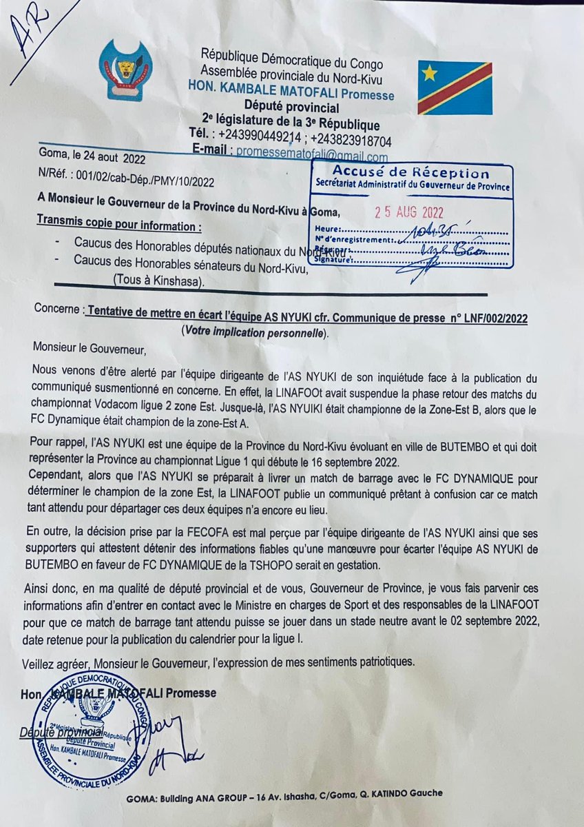 PSivanzire's tweet photo. RDC-Communiqué d la @fecofa_kinshasa n•LNF/002/2022 du 23 août 2022: Confusion sur l’équipe qui va représenter la zone Est entre #AS_NYUKI & le #FC_DYNAMIQUE.L'hon @PrMatofali alerte le @GouvNordKivu ds 1 correspondance pr que le match d barrage entre les 2 équipes soit organisé https://t.co/RPP0wjfTsy