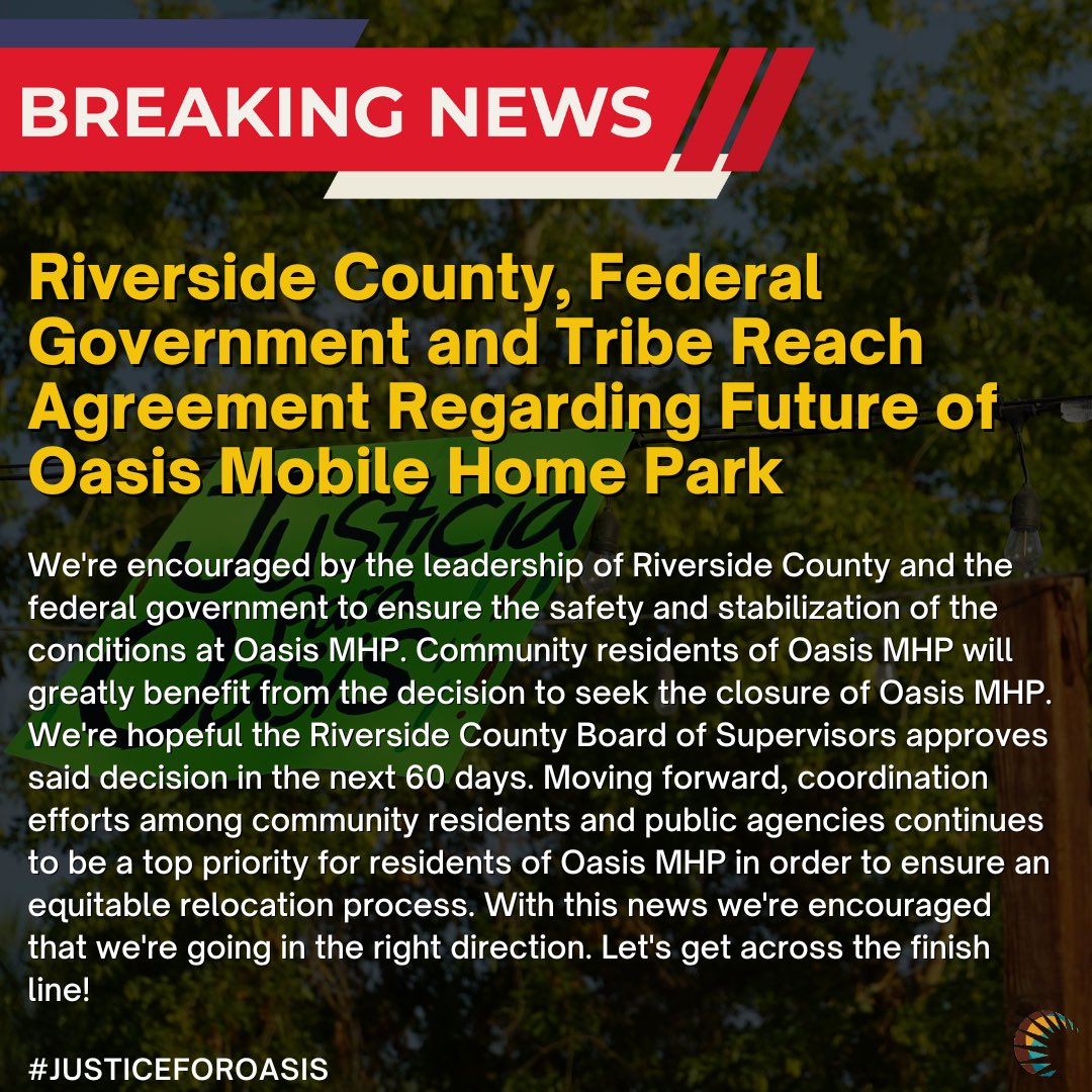 LCJandA's tweet photo. We're encouraged by the leadership of @RivCoNow and the federal government to ensure the safety and stabilization of the conditions at Oasis MHP. With this news we're encouraged that we're going in the right direction. Let's get across the finish line! #JusticeForOasis https://t.co/dylVoWdSGc