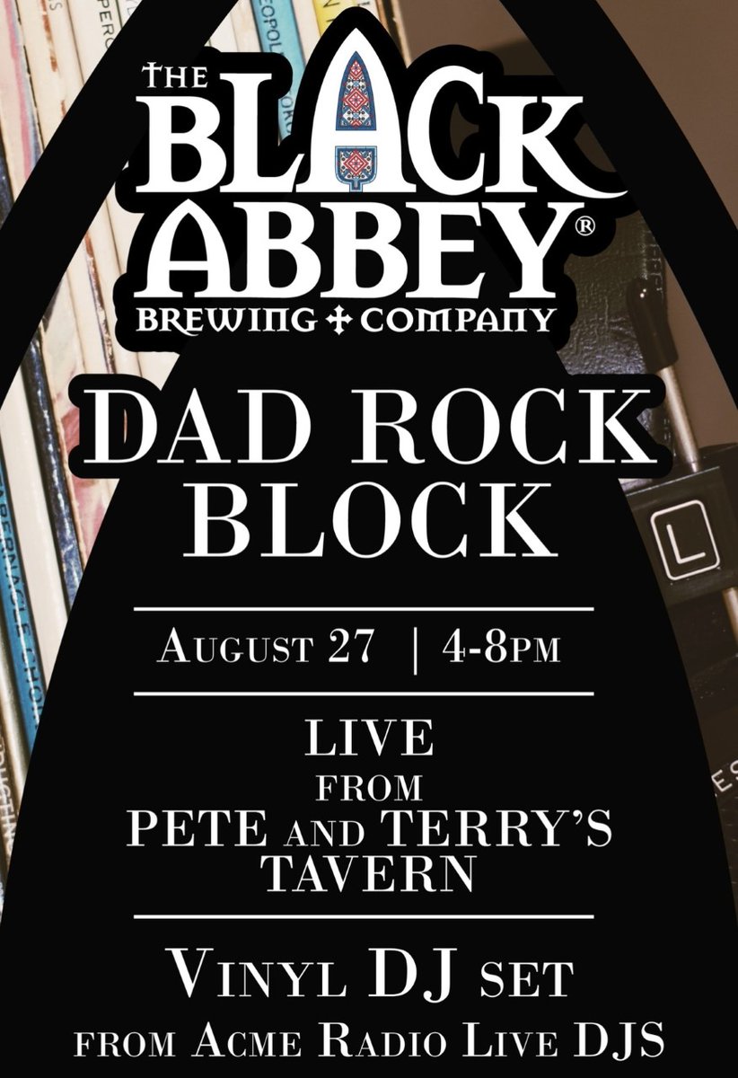 Pete_N_Terrys's tweet photo. This Saturday, @BlackAbbeyBrew's very own Dad Rock Block will be spinnin' some vinyl here before Roger Waters hits the stage at Bridgestone Arena!
Be there or be ⬛!
#DadRockBlock #BlackAbbeyBrew https://t.co/pYFrcCdI6g