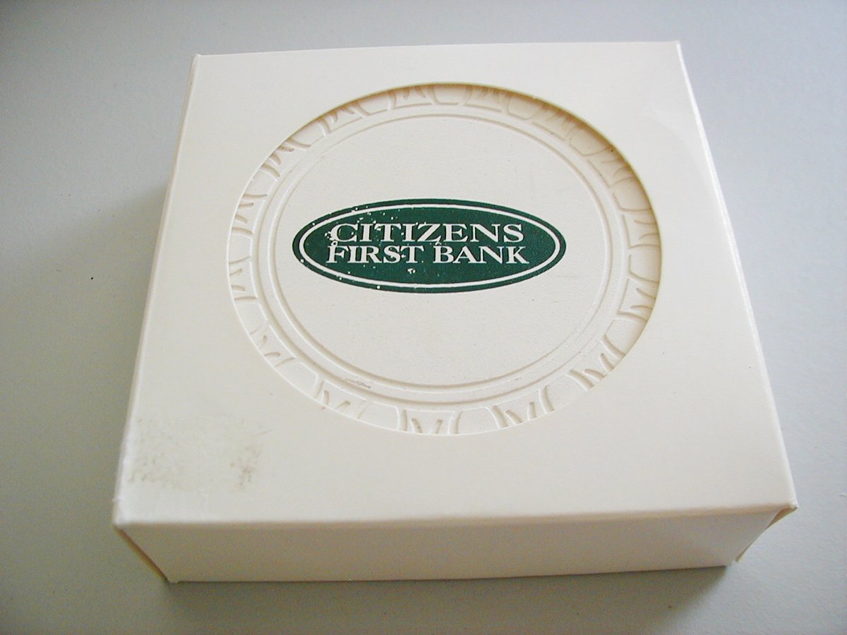 Some_of_This_or's tweet photo. Set of 4 Absorbent Stoneware Drink Coasters Cork Back Advertising for Citizens First Bank Clinton Iowa #coasters #advertising #barware #drinks https://t.co/I0RiUohaOv #eBay via @eBay https://t.co/jd2l18c2Fb