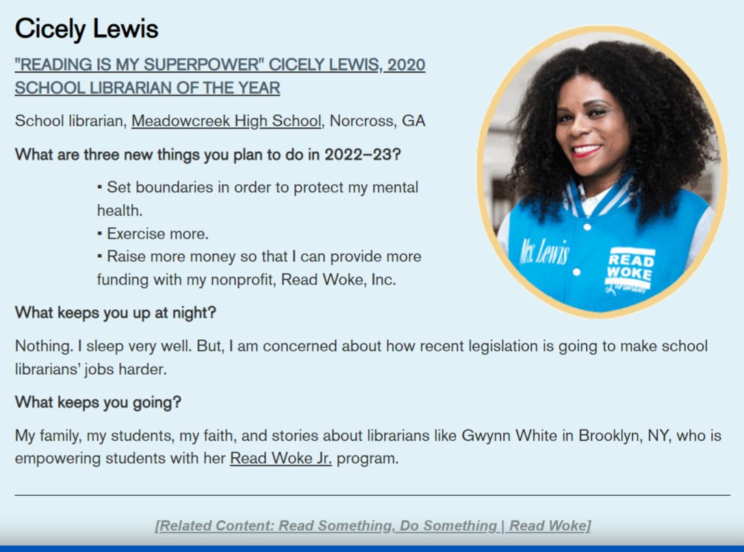 Kicking off 2022-23 school year with a mention in @cicelythegreat  response  to 'School Librarians of the Year Ideas and Inspiration' article in @sljournal . TXH @cicelythegreat for inspiring me! #READWOKE @NYCDOEOLS   
slj.com/story/school-l…