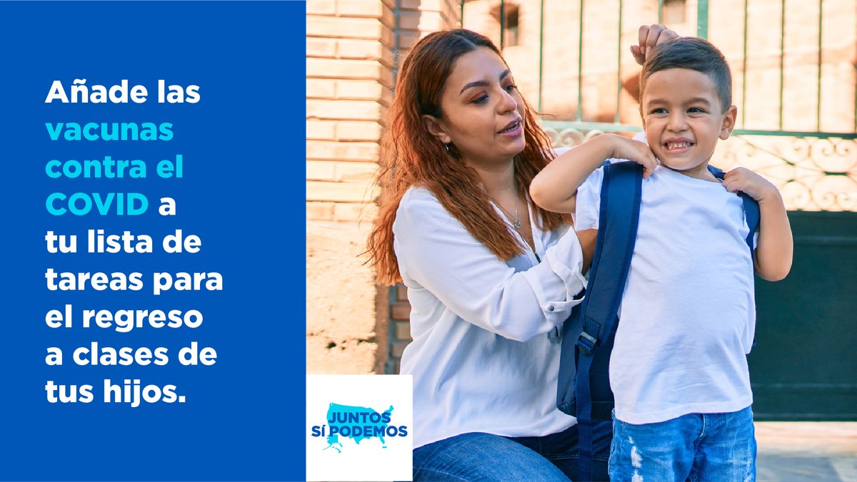 Tus hijos deberían empezar el año escolar con la mejor protección contra las peores consecuencias del COVID. Los niños de 6 meses o más deben vacunarse contra el COVID. Encuentra vacunas para tus hijos en vacunas.gov. #JuntosSíPodemosUSA