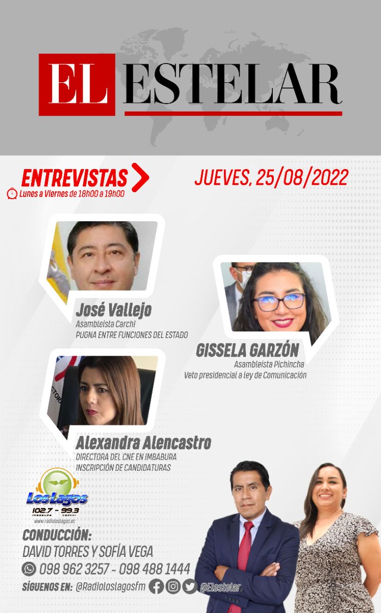 EstelarEC's tweet photo. 📌 Agenda de entrevistas para este miércoles 25 de agosto en su noticiero "El Estelar"
🕕 18:00
📻 Radio Los Lagos
📶 102.7 F.M Imbabura | 99.3 Carchi
📍 Síguenos en nuestras redes sociales 🤳
#elestelarmediodigital #NoticieroElEstelar #RadioLosLagos #Carapaz #PanloEscobar https://t.co/oBf7jKo2Ho