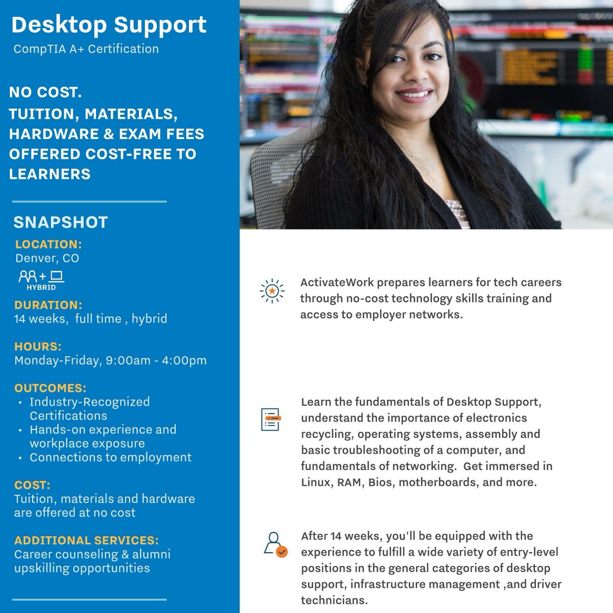activate_work's tweet photo. Are you looking for a change? A career in tech is just weeks away. ActivateWork can help you get CompTIA A+ certified at no cost to you!
APPLY today! Next cohort launches November 14! 
https://t.co/Psq0oy7Vpx https://t.co/YlhDcRIUSb