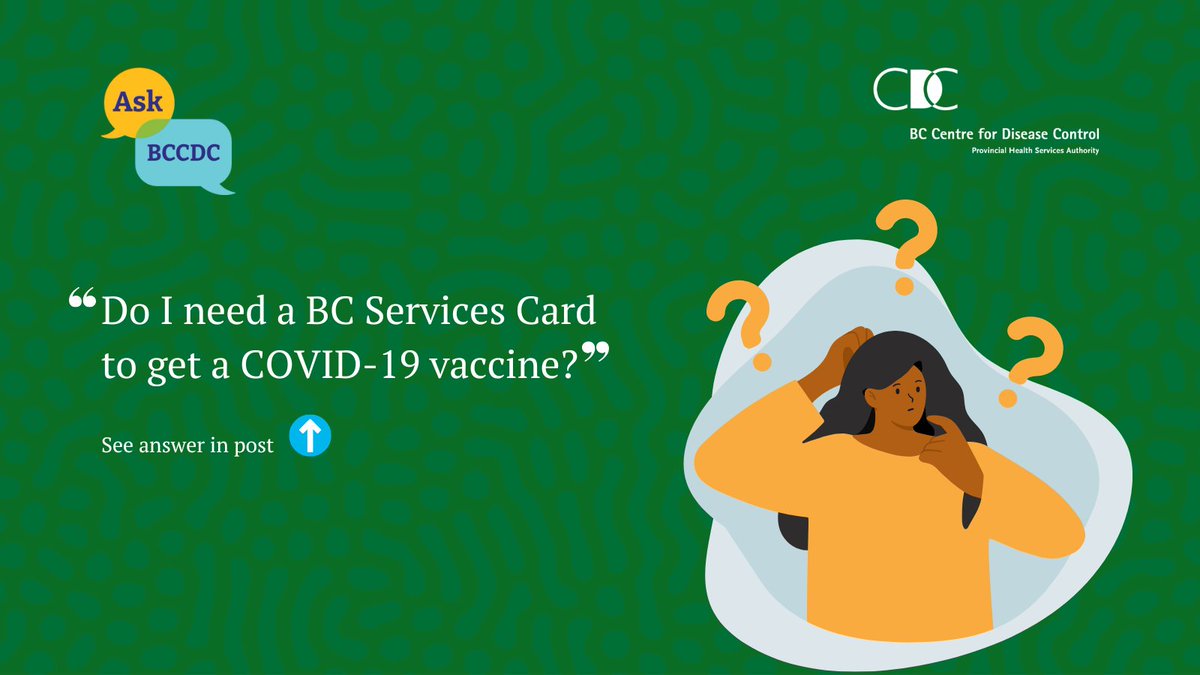 CDCofBC's tweet photo. A: Everyone can get vaccinated, even if you don’t have a BC Services Card, Personal Health Number (PHN) or other documentation. If you don't have a PHN, you need to register by phone at 1-833-838-2323. They will create a PHN for you. Learn more: https://t.co/6NCXXIYayL
#AskBCCDC https://t.co/rrc3paVzMy