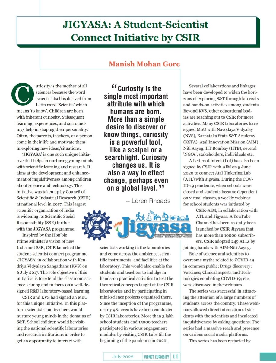 DrManishMohanG1's tweet photo. My article on @CsirJigyasa program has been published in #VipnetCuriosity magazine.
@CSIR_IND @CSIR_NIScPR @Ranjana_23 @hjkhan @FarhatAzad @KapilShubhada https://t.co/HVrybuW9MR