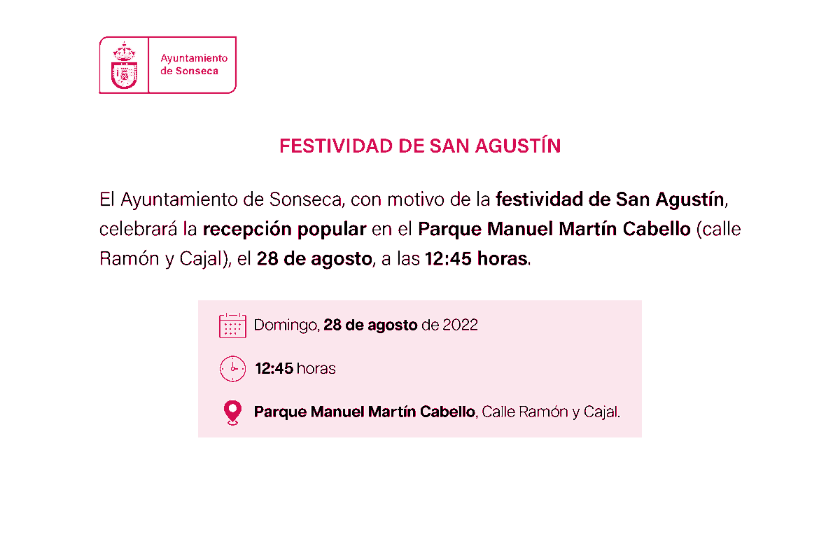 AytoSonseca's tweet photo. FESTEJOS | El Ayuntamiento de Sonseca, con motivo de la festividad de San Agustín, celebrará la recepción popular en el Parque Manuel Martín Cabello (calle Ramón y Cajal), el 28 de agosto, a las 12:45 horas. https://t.co/4rG0GEBx1a