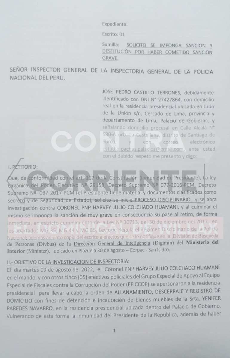 irreal_escudero's tweet photo. Esto es GRAVE
El presidente pide sanción máxima para el coronel Harvey Colchado y su pase al retiro.
El motivo: liderar el operativo que buscaba capturar a su cuñada Yenifer Paredes en la residencia de Palacio de Gobierno.
Vía @CcorrienteW https://t.co/iBW3LkCn9K