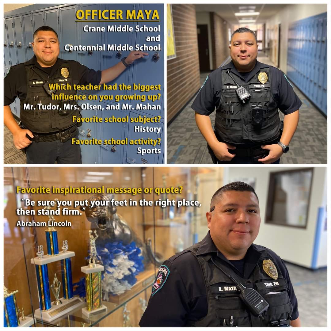 yumapolice1's tweet photo. MEET YOUR CRANE MIDDLE SCHOOL AND CENTENNIAL MIDDLE SCHOOL'S SRO!
Officer R. Maya is a 15 year officer with #YumaPD and is the School Resource Officer at both Crane and Centennial Middle Schools. Home of the Cougars (Crane), and Home of the Wolves (Centennial)! https://t.co/dk0alLfSdo