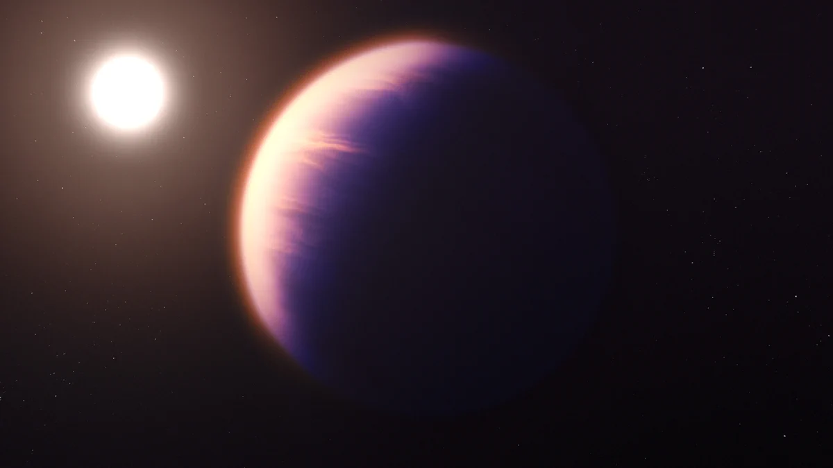 This illustration shows what exoplanet WASP-39 b could look like, based on current understanding of the planet. In the middle of a black backgrouond is a purple planet with pink wisps across the surface. Only a small crescent of the planet is visible on the left side as a small Sun-like star shines on it from the top left of the image.