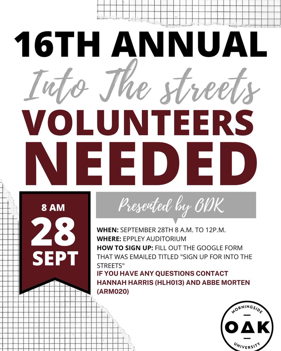 MorningsideODK's tweet photo. INTO THE STREETS

This ICONIC event is back again for another day of helping the community by volunteering at businesses and organizations. 

Find out how to volunteer with your team, club, friends, etc. from an email from Leslie Werden. Last day to sign up is September 8th! https://t.co/SzTgpltDxT
