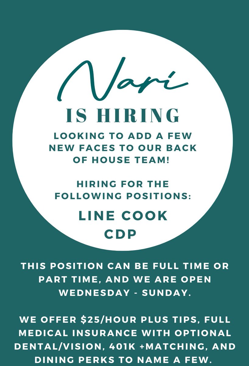 Looking to add a talented line cook and chef de partie to our team! Please email resumes to meghan@narisf.com
