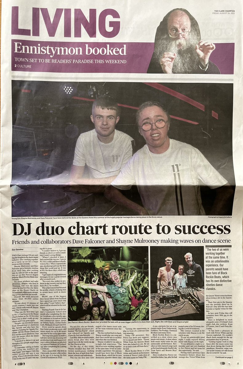 … and here’s the real photo! 
Great feature in the <a href="/ClareChampion/">The Clare Champion</a> with <a href="/DJDaveFalconer/">Dave Falconer</a> and Shayne 
👏💯🔥talking :
- DJ nights 🎛🎚🎛
- THAT gig with the legend <a href="/DecPierce/">Dec Pierce</a> 🙌👌
- Working on new tracks 🎶 
#superstarDJmanagerLife