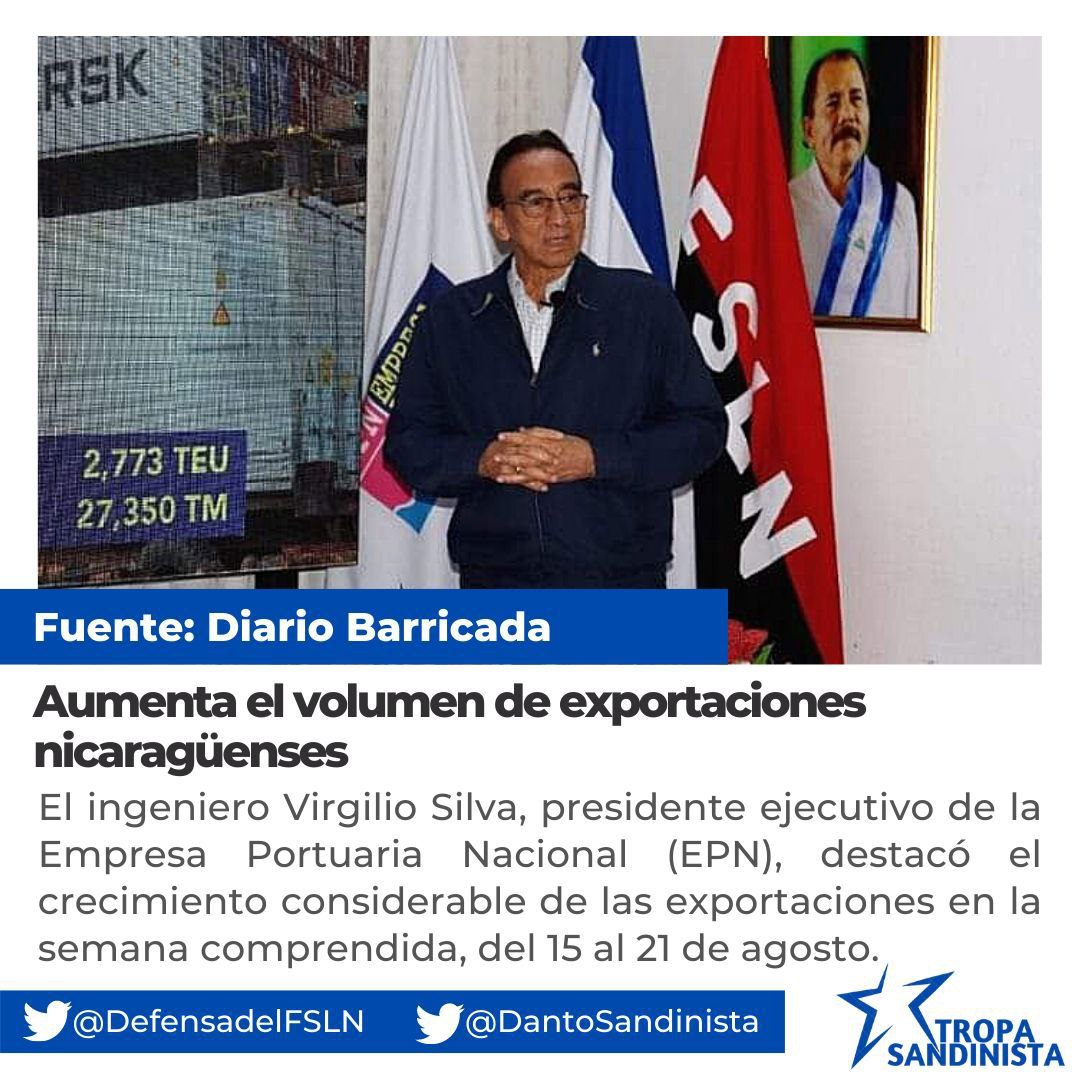 Las Exportaciones en 🇳🇮#Nicaragua llevan una velocidad bastante positivas. 
#PatriaBenditayLibre 
#25agosto 
@TE2021