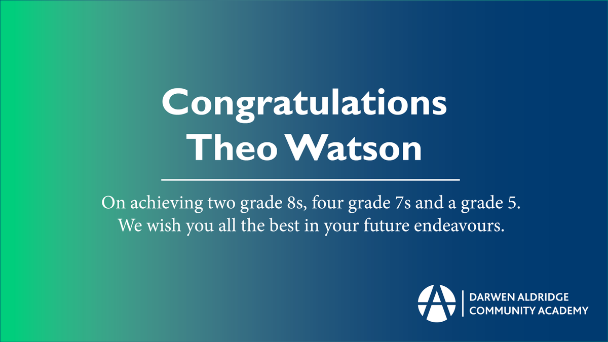 DarwenAcademy's tweet photo. Congratulations Theo Watson on achieving two grade 8s, four grade 7s and a grade 5. We wish you all the best in your future endeavours.  🎉
@aldridgeonline
#gcses2022 #gcseresultsday2022 #GCSEResultsDay https://t.co/UY7gNid7Zv