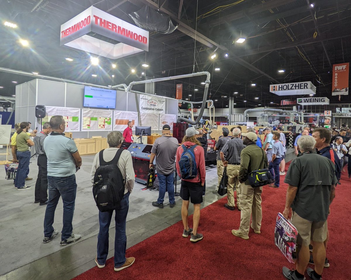 thermwood's tweet photo. A very busy Day 3 of @IWFAtlanta 2022 in the #Thermwood booth! Crowds around the #CutReady #CutCenter learning how easy it is to create and machine custom moldings, cabinet, doors, drawer fronts and much more! #BoothB6213
#cncrouter #IWF2022 #noprogramming https://t.co/mUOMHJDuR6